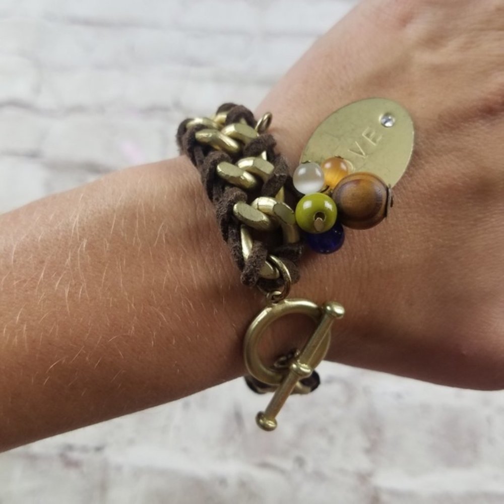 Gold Brown Suede Braided Bracelet Love Charm Boho